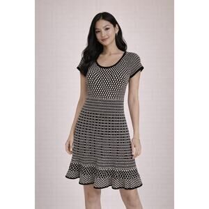 Classic Anne Klein Black & Ivory Geometric Midi Dress Size S